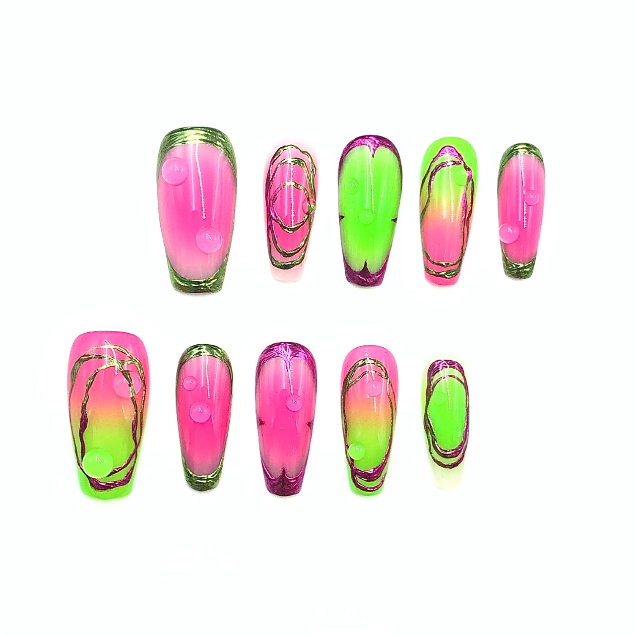 Moss green mixed with golden metallic accents in crystal acrylic nails, perfect for women. 100% handcrafted press-on nails in a reusable UV finish acrylic set.