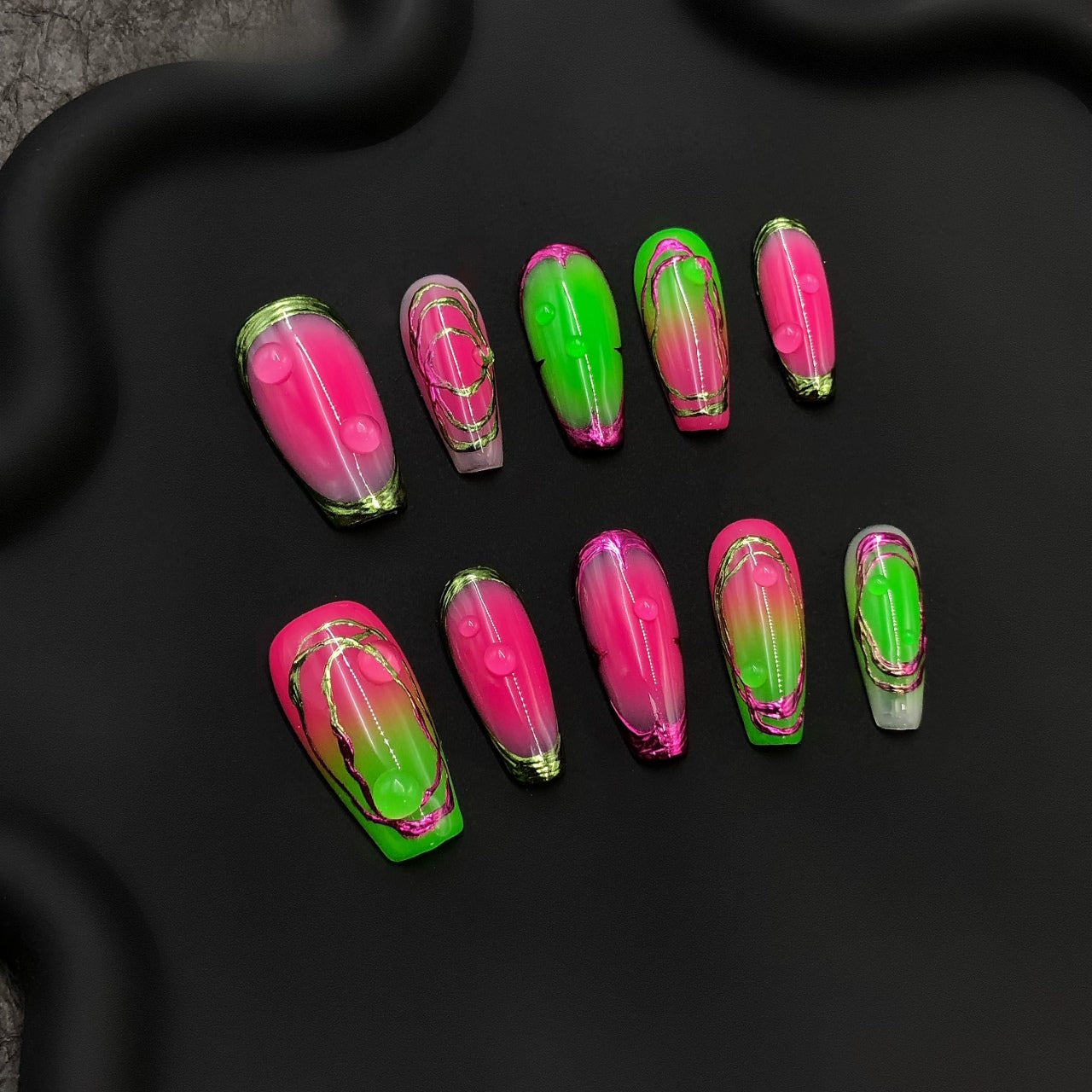 Moss green mixed with golden metallic accents in crystal acrylic nails, perfect for women. 100% handcrafted press-on nails in a reusable UV finish acrylic set.