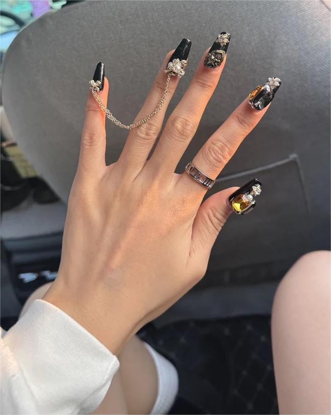 Gems Black Handmade Nails Press on Nails