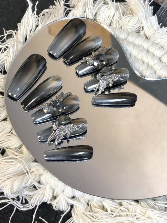 3D Grey Butterfly Water Diamond Fake False Nails for Wome, 100% Handmade Press on Nails, Reusable UV Finished Acrylic Nail Kit