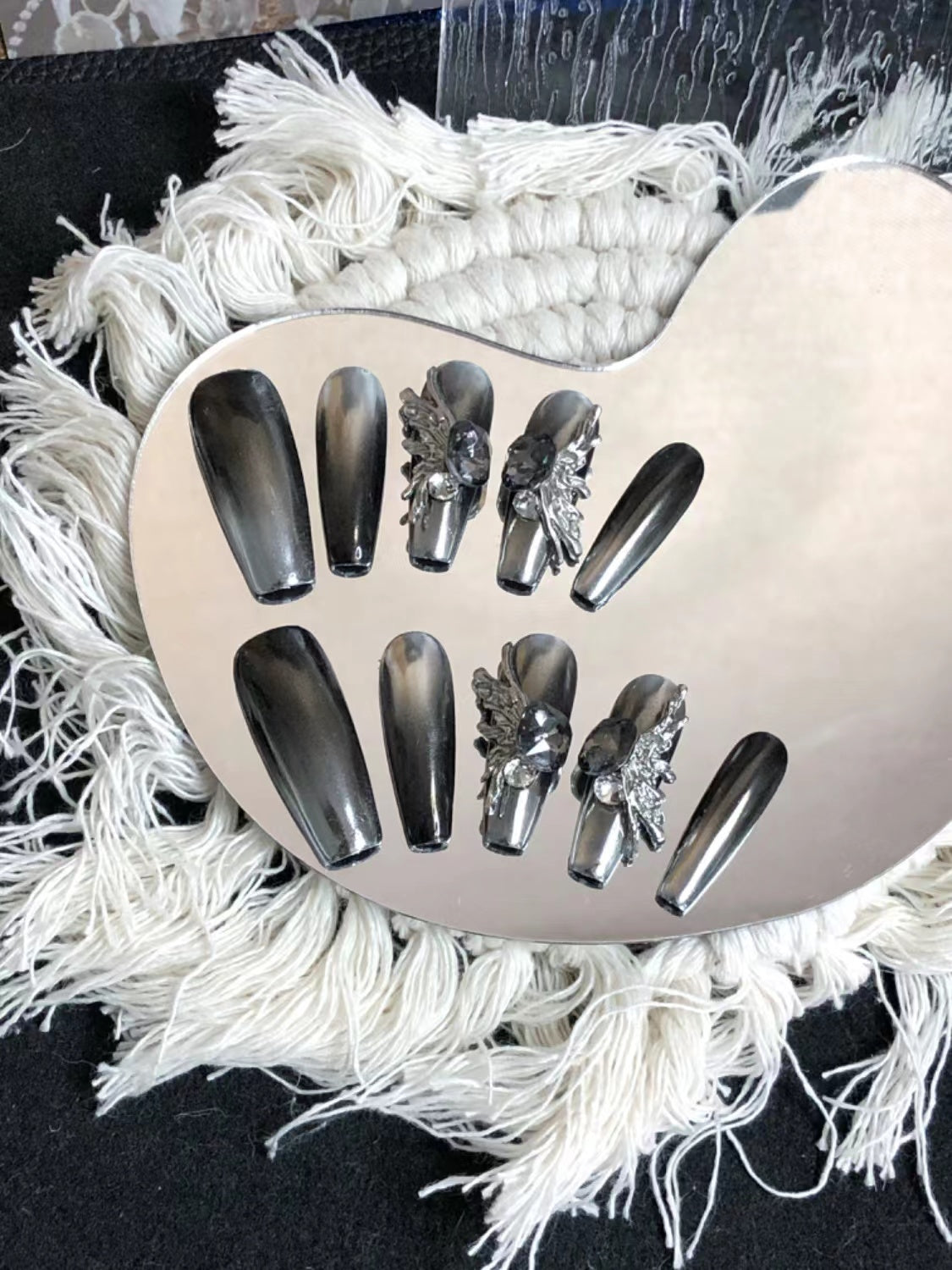 3D Grey Butterfly Water Diamond Fake False Nails for Wome, 100% Handmade Press on Nails, Reusable UV Finished Acrylic Nail Kit