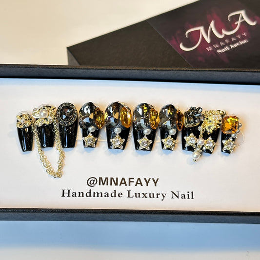 Gems Black Handmade Nails Press on Nails