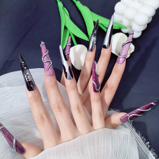 3D Purple & Black Long Fake False Nails for Wome, 100% Handmade Press on Nails, Reusable UV Finished Acrylic Nail Kit  ﻿