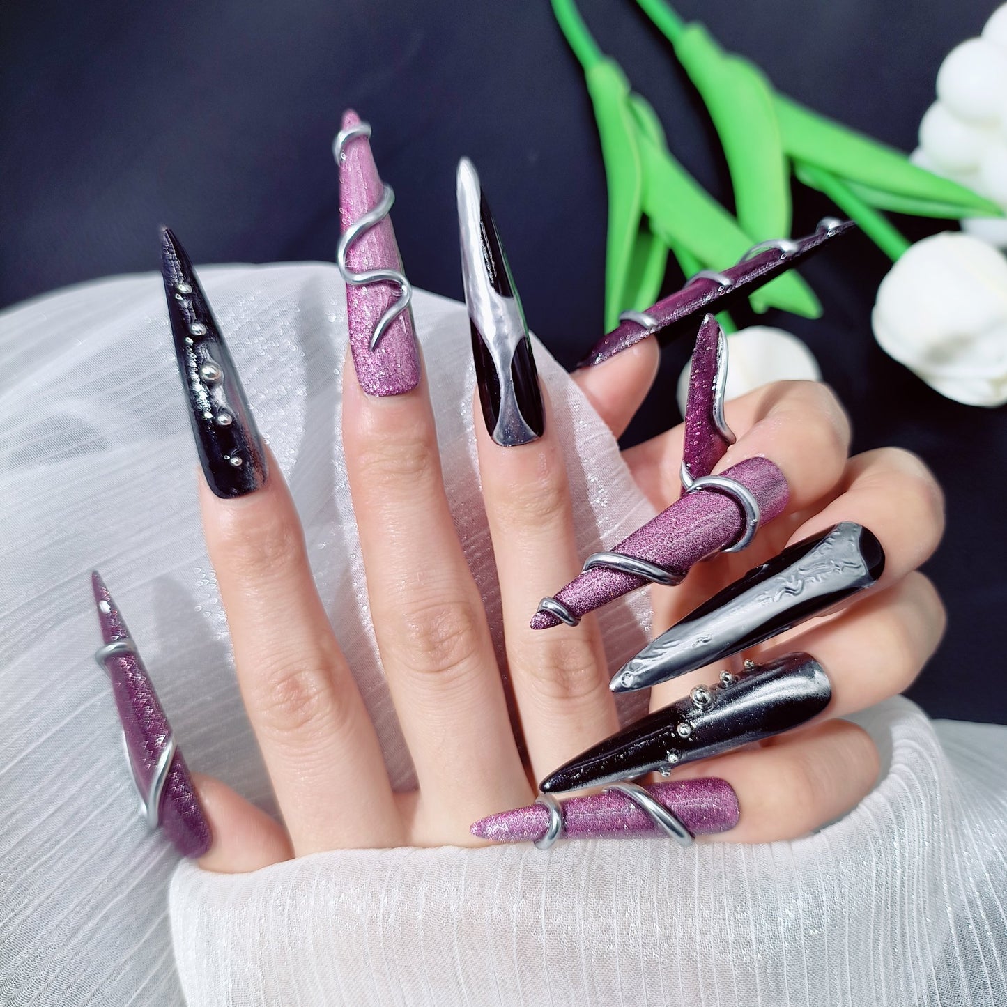 3D Purple & Black Long Fake False Nails for Wome, 100% Handmade Press on Nails, Reusable UV Finished Acrylic Nail Kit  ﻿