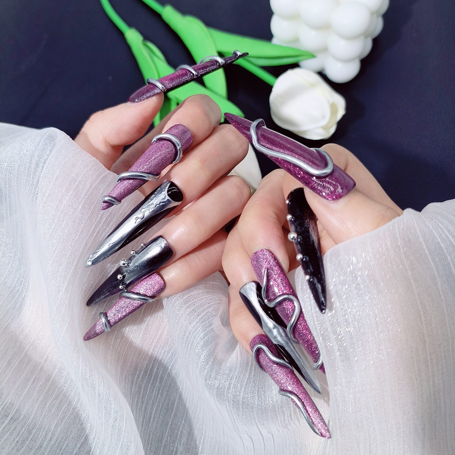 3D Purple & Black Long Fake False Nails for Wome, 100% Handmade Press on Nails, Reusable UV Finished Acrylic Nail Kit  ﻿