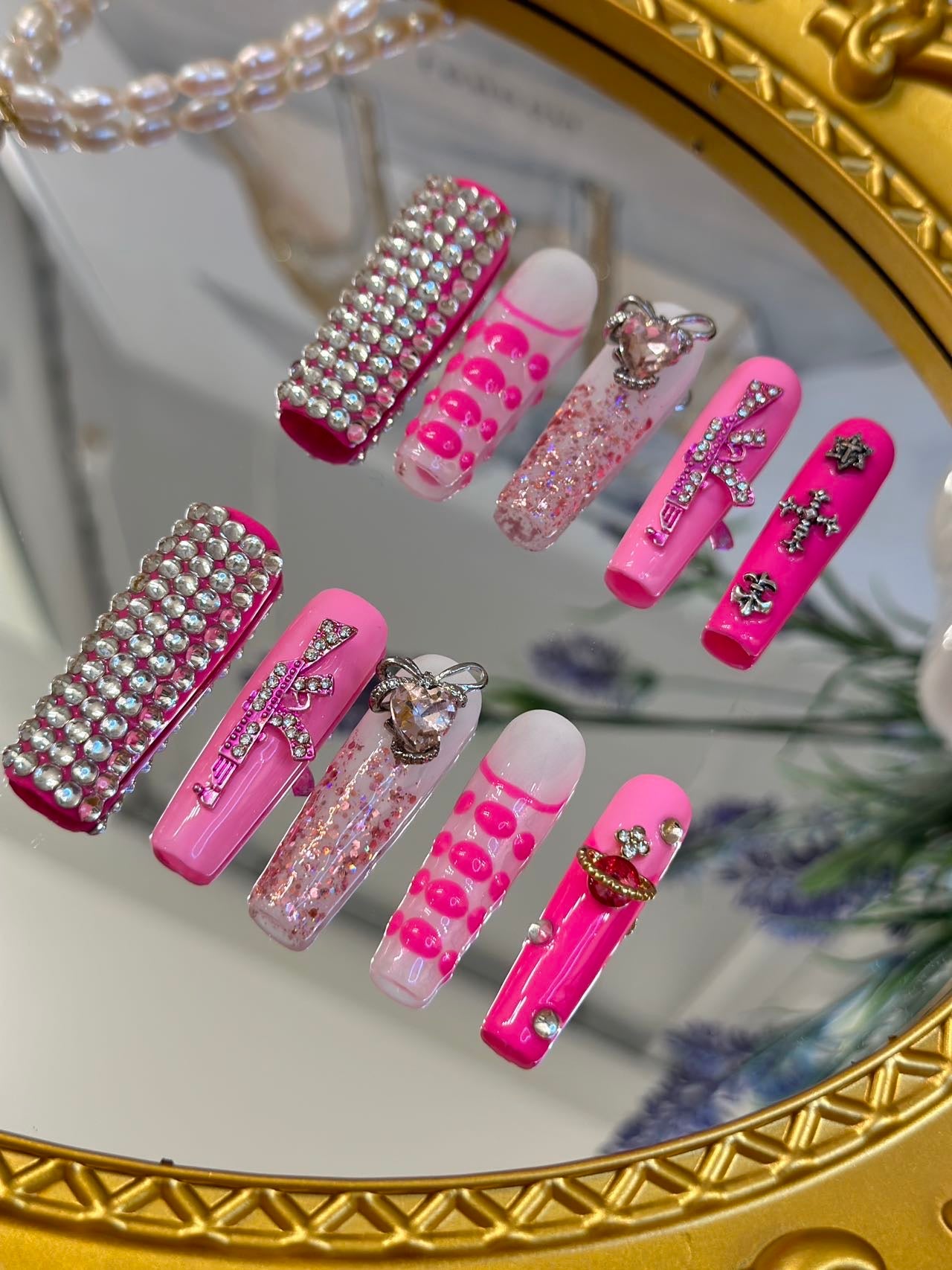 3D Pink Long Rhinestone Crystal Fake False Nails for Wome, 100% Handmade Press on Nails, Reusable UV Finished Acrylic Nail Kit