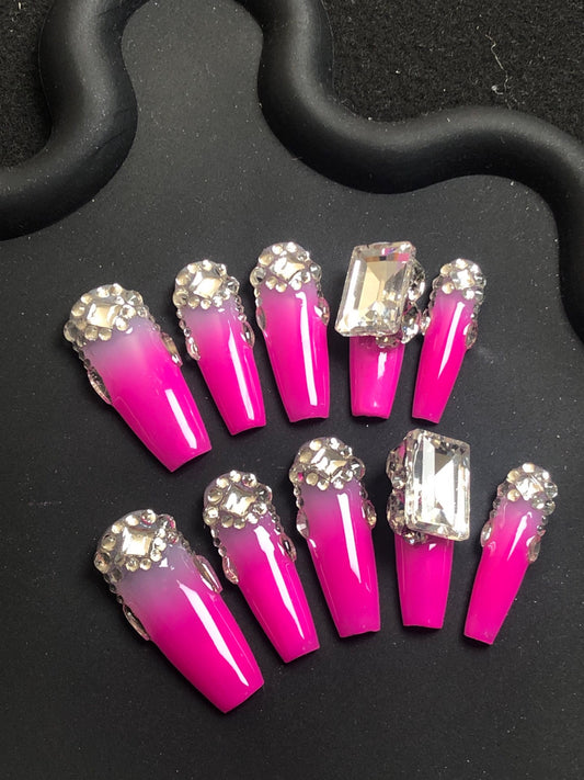 3D Pink Rhinestone Crystal Fake False Nails for Wome, 100% Handmade Press on Nails, Reusable UV Finished Acrylic Nail Kit