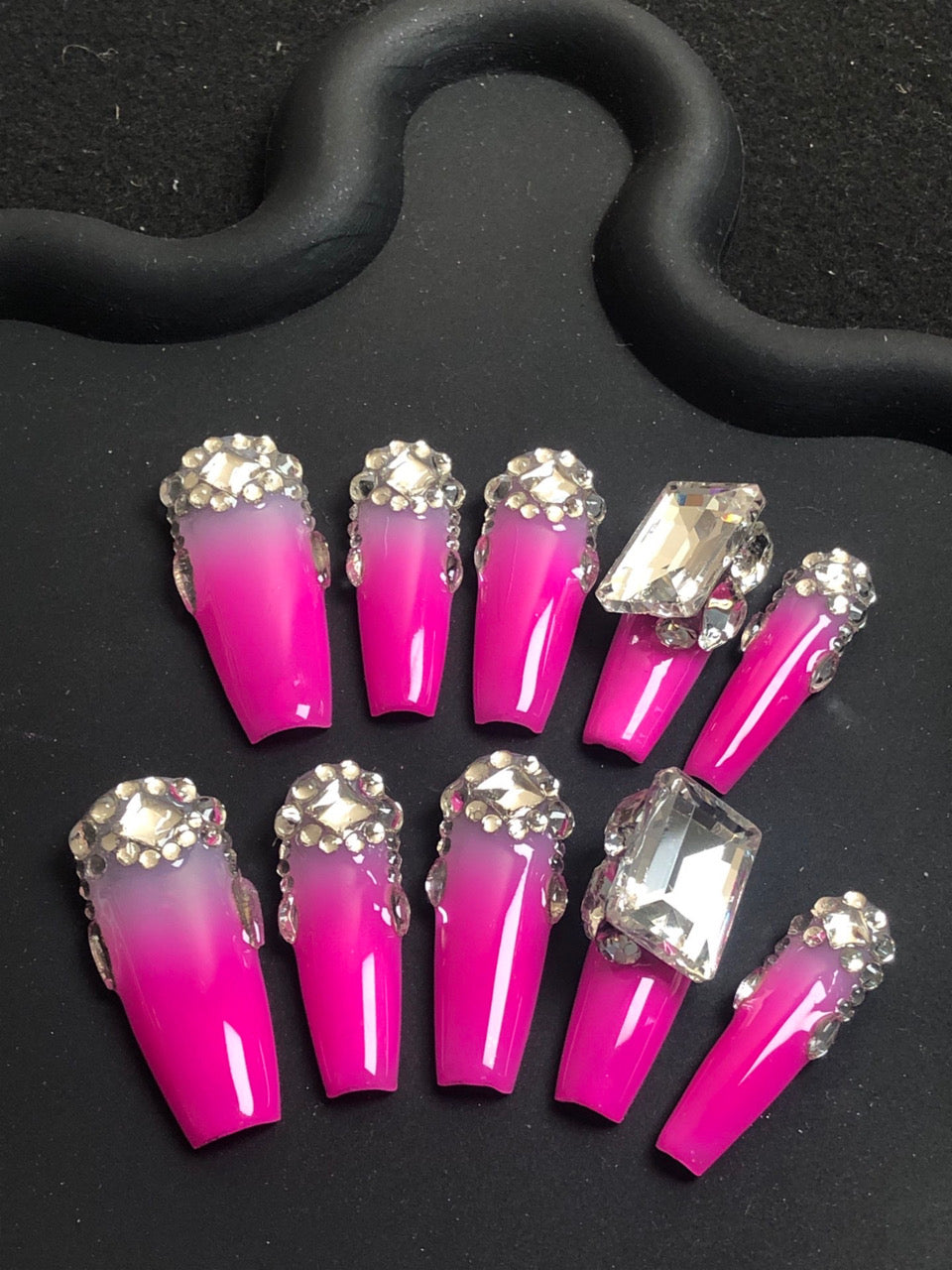 3D Pink Rhinestone Crystal Fake False Nails for Wome, 100% Handmade Press on Nails, Reusable UV Finished Acrylic Nail Kit