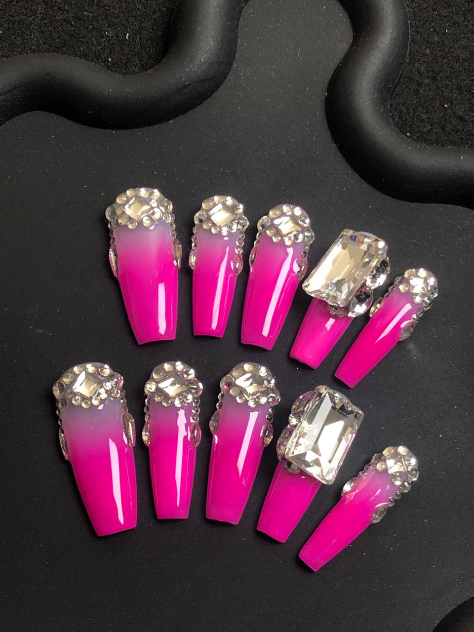 3D Pink Rhinestone Crystal Fake False Nails for Wome, 100% Handmade Press on Nails, Reusable UV Finished Acrylic Nail Kit