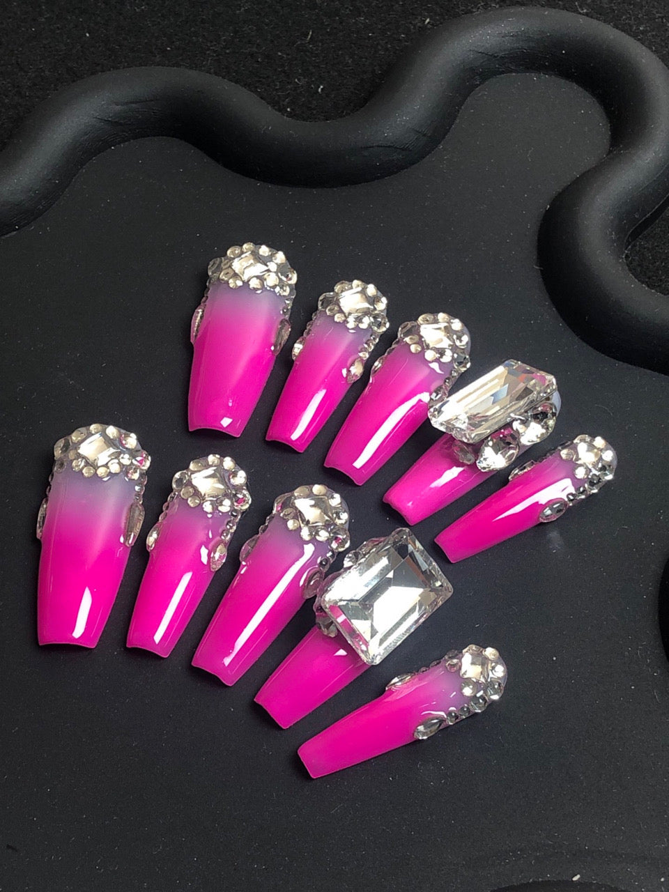 3D Pink Rhinestone Crystal Fake False Nails for Wome, 100% Handmade Press on Nails, Reusable UV Finished Acrylic Nail Kit