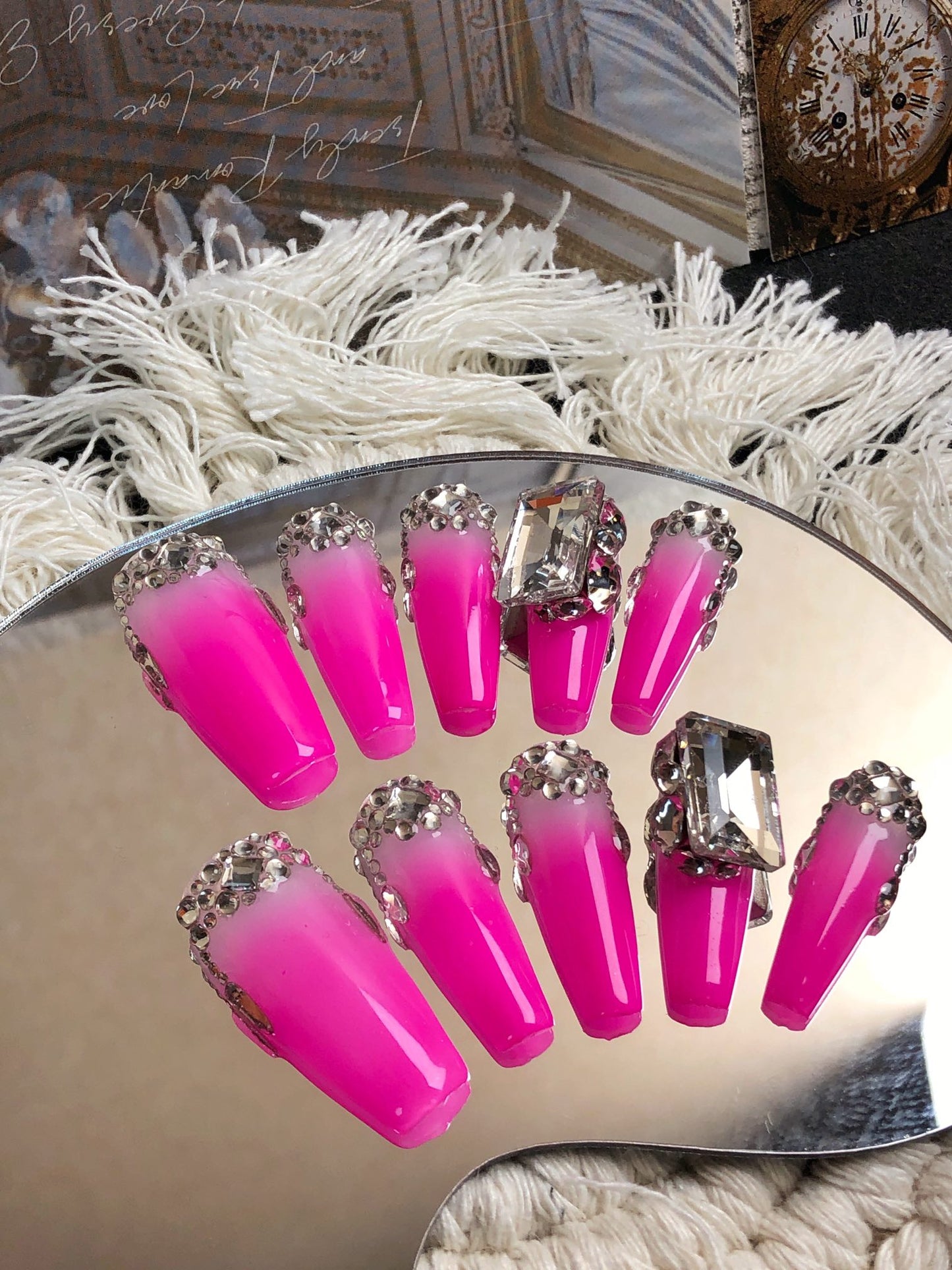 3D Pink Rhinestone Crystal Fake False Nails for Wome, 100% Handmade Press on Nails, Reusable UV Finished Acrylic Nail Kit