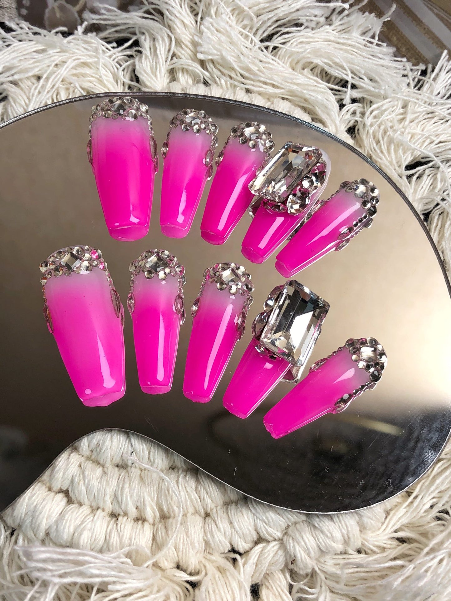 3D Pink Rhinestone Crystal Fake False Nails for Wome, 100% Handmade Press on Nails, Reusable UV Finished Acrylic Nail Kit