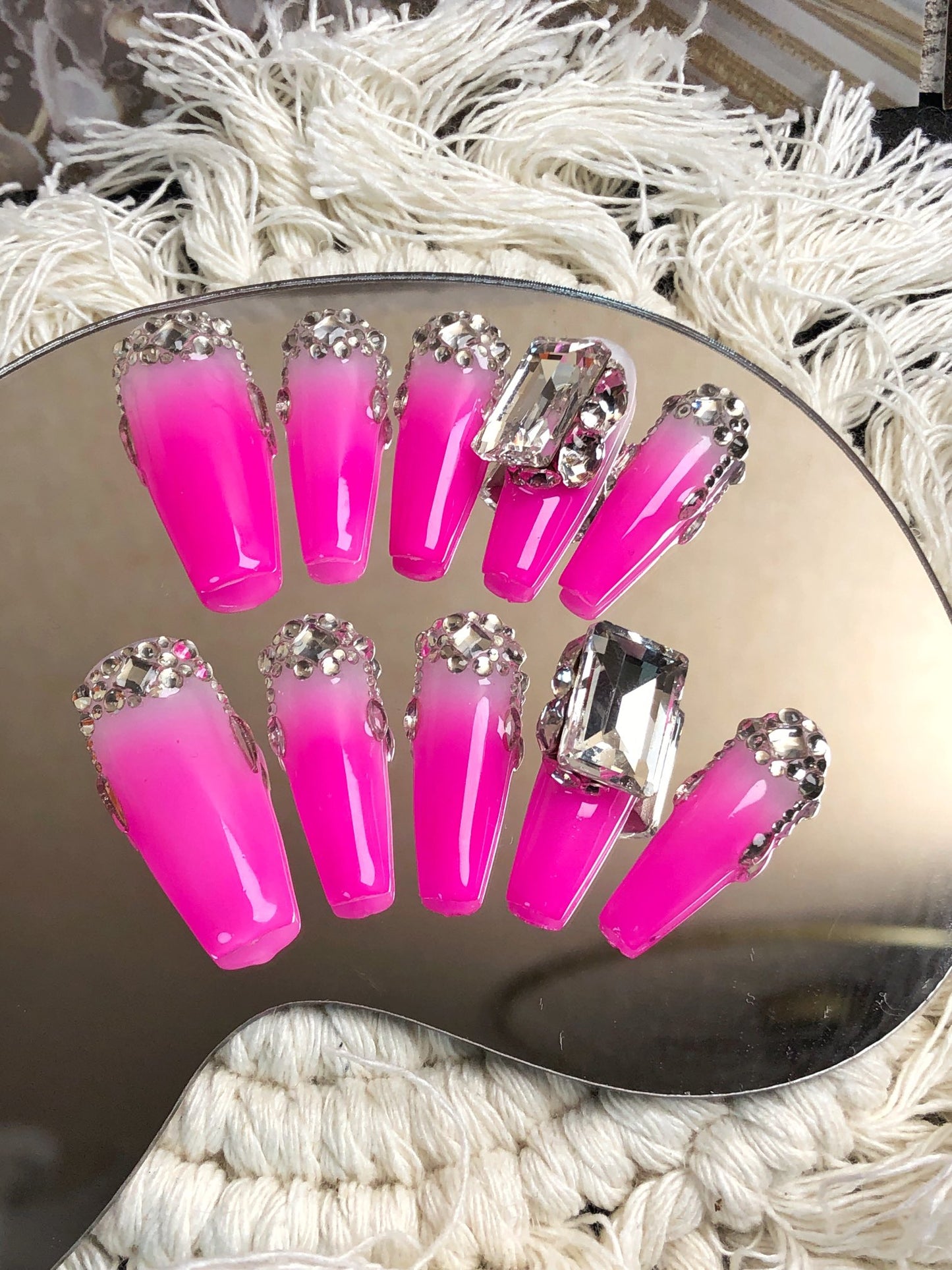 3D Pink Rhinestone Crystal Fake False Nails for Wome, 100% Handmade Press on Nails, Reusable UV Finished Acrylic Nail Kit