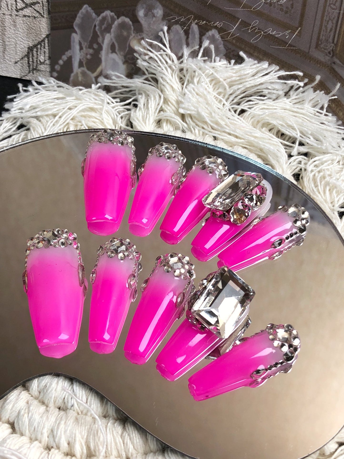 3D Pink Rhinestone Crystal Fake False Nails for Wome, 100% Handmade Press on Nails, Reusable UV Finished Acrylic Nail Kit